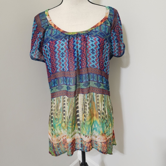 VALERIE STEVENS Sheer Geometric Multicolor Short Sleeve Lace Blouse XL - Picture 6 of 16